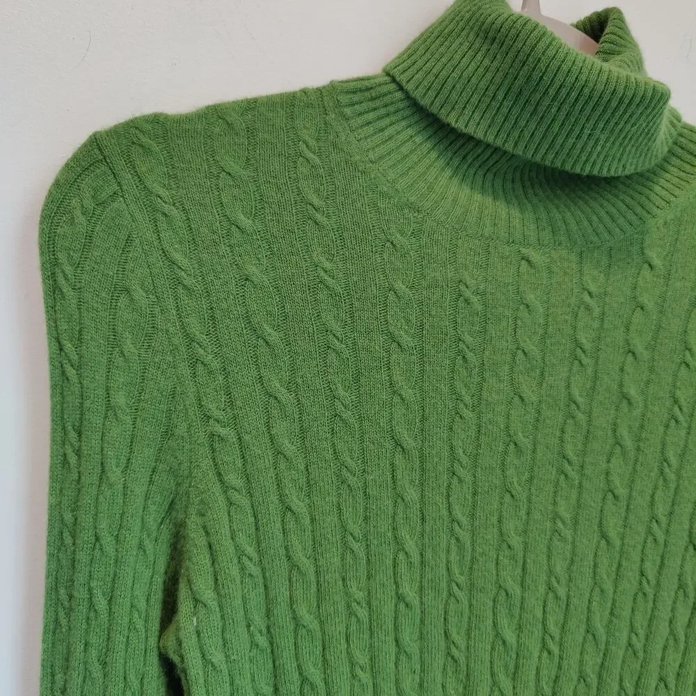 J. Crew Y2K Womens Sz S Green Cable Knit Turtleneck Sweater Wool Cashmere Fitted